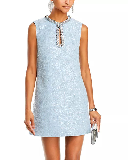 Sleeveless Embellished Tweed Sequin Mini Dress