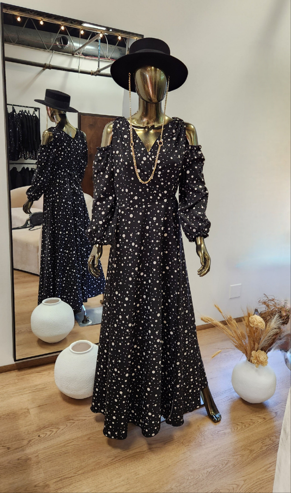 Maxi Polka Dot Pattern Black Dress