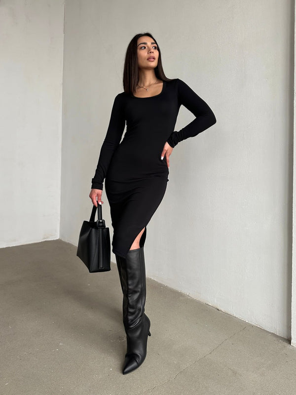 Elegant Black Bodycon Midi Dress