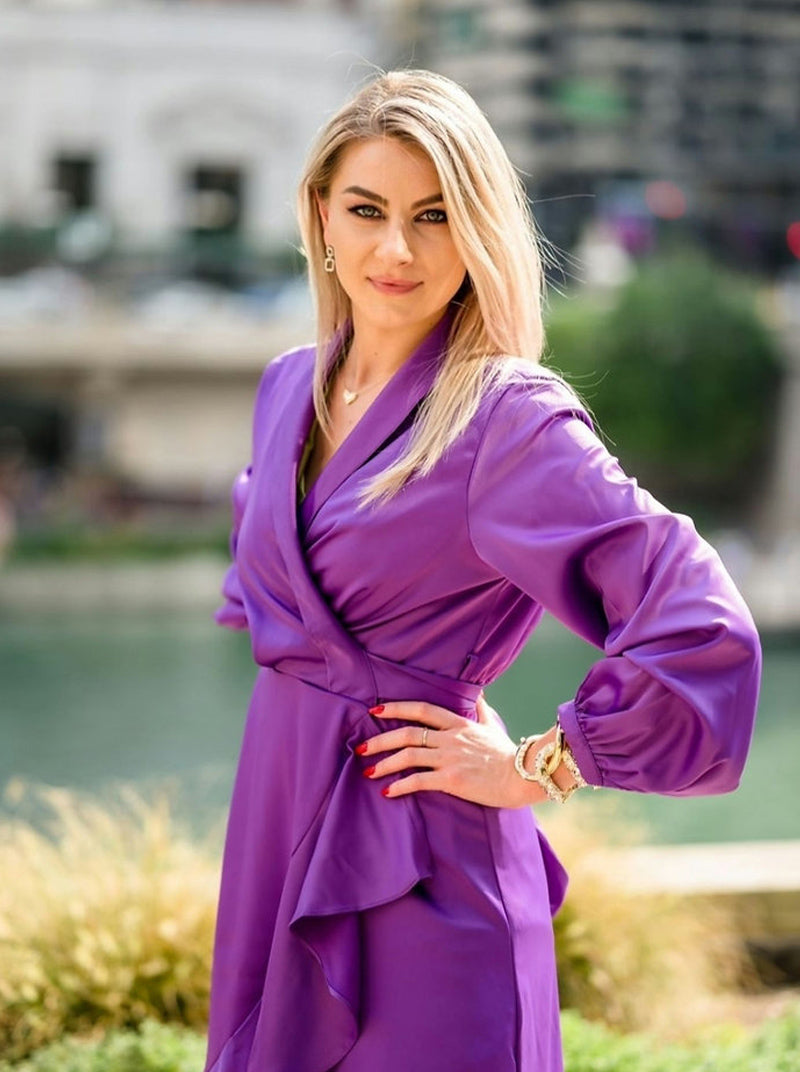 Purple Evening Dress Wrap Around with Ruffles