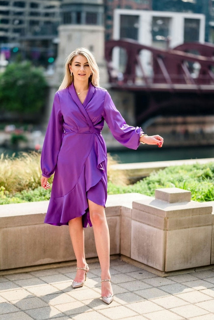 Purple Evening Dress Wrap Around with Ruffles